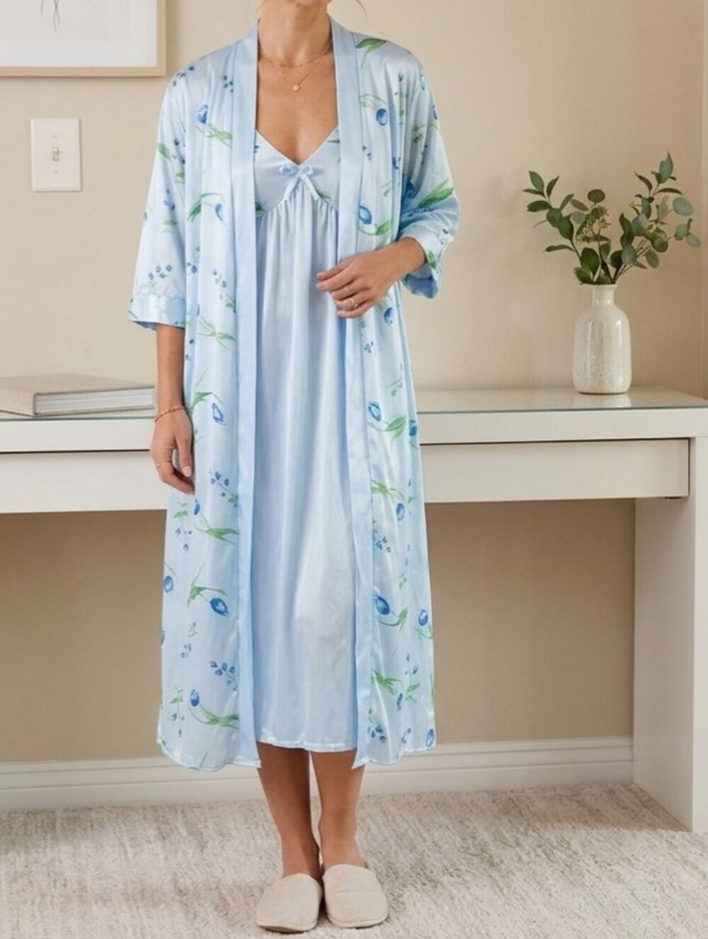 Sindrella Light Blue Floral Satin Robe & Nightgown Set -Elegant Lounge Wear XXXL